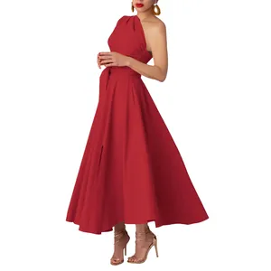 Elegant one-shoulder red sleeveless maxi dress with belted waist and pleated flared skirt.