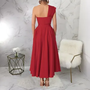 Elegant red one-shoulder sleeveless maxi dress with a flared skirt, back view detail