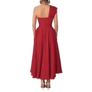 Back view of elegant red one-shoulder sleeveless midi dress with high waist swing skirt