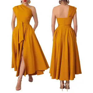 Elegant one-shoulder mustard yellow midi dress featuring belted waist and high slit details