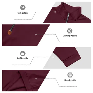 Detailansicht von Kragen, Bündchen und Nähten eines weinroten Sweatshirts mit Reißverschluss.