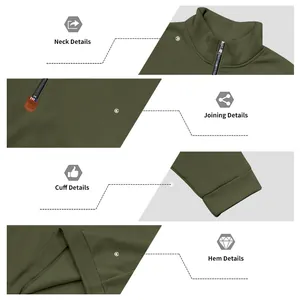 Detailansichten von Kragen, Nähten, Bündchen und Saum eines olivgrünen Sweatshirts.