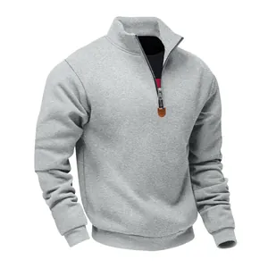 Graues schweres Fleece-Sweatshirt für Herren mit halbem Reißverschluss und Stehkragen