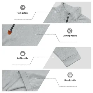 Detailansichten eines grauen Sweatshirts mit halbem Reißverschluss, Kragen, Säumen und Bündchen.