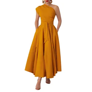 Elegant one-shoulder sleeveless yellow maxi dress featuring a cinched waist belt and a flowing skirt