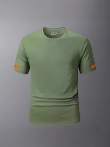Men's Quick Dry Sports T-Shirt Short Sleeve Round Neck Breathable Polyester Gym Top With Contrast Stripe Detail Fashion