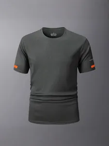 Men's athletic quick-dry short sleeve sports t-shirt in dark grey with orange sleeve detail