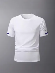 Men's white quick-dry sports T-shirt featuring a crew neck and blue sleeve accents