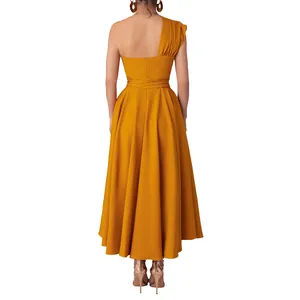 Full back view of a yellow one-shoulder maxi dress with elegant pleats and silhouette