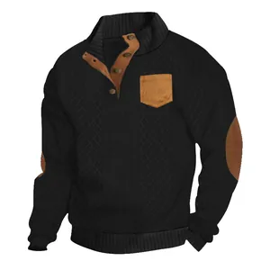 Vue détaillée du pull en tricot jacquard noir pour homme avec coudières marrons
