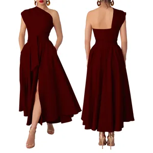 Detailed front and back views of a stylish burgundy one-shoulder maxi dress with leg slit