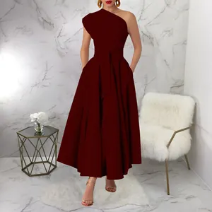 Elegant wine red one-shoulder sleeveless maxi dress with belted waist and full skirt
