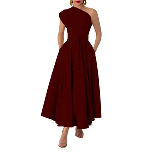 Elegant burgundy one-shoulder sleeveless maxi dress featuring a waist belt and large swing