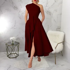Elegant wine red one-shoulder sleeveless dress with belted waist and high slit detail