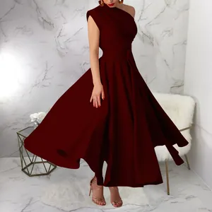 Elegant burgundy sleeveless one-shoulder flared swing maxi dress for summer wear