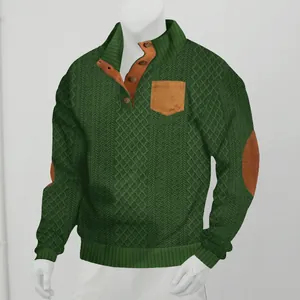 Vue détaillée du pull en maille verte pour homme avec poche poitrine et coudières de style