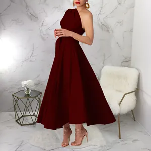 Elegant burgundy one-shoulder sleeveless midi flared dress with a matching belted waist
