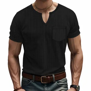 Detailed view of men's black slub-textured V-neck t-shirt with a functional pocket