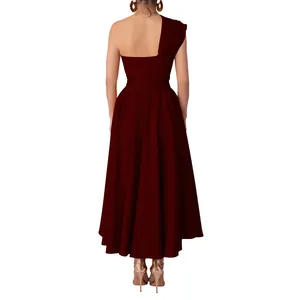 Back view detail of elegant burgundy one-shoulder sleeveless maxi dress with flared skirt