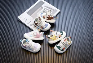 Detailed view of colorful soft-sole baby walking shoes for boys and girls