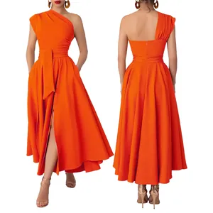Elegant orange one-shoulder maxi dress with pleated skirt and front slit detail