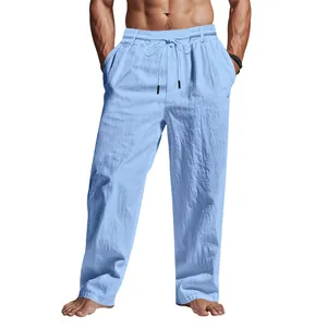 Pantalones casuales de lino para hombre en azul claro con cordón ajustable en la cintura