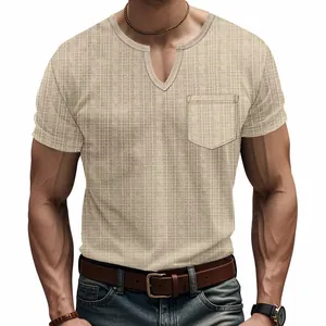 Close-up of a men's beige linen-textured t-shirt featuring a unique notch V-neck design.