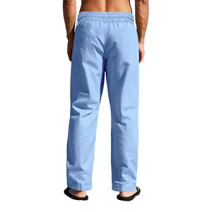 Vista posteriore dei pantaloni in lino azzurro da uomo a gamba dritta