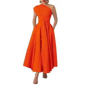 Detailed view of a vibrant orange one-shoulder sleeveless maxi dress with a belted waist