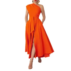 Elegant orange one-shoulder sleeveless maxi dress with waisted belt and high slit