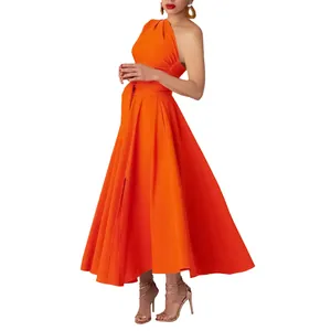 Side view detail of elegant orange one-shoulder sleeveless maxi dress with flared skirt