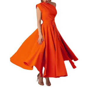 Vibrant orange one-shoulder sleeveless maxi dress featuring a flowing flared skirt