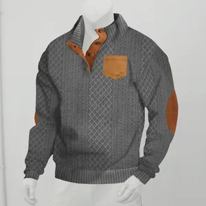 Détail du sweat-shirt gris pour homme en maille jacquard avec patchs marrons et col Henley