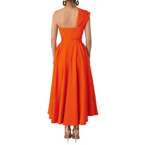 Detailed rear view of a vibrant orange one-shoulder sleeveless maxi dress with waistline