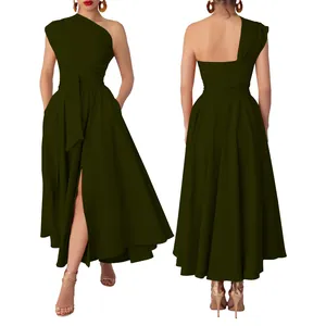 Front and back view of elegant dark green one-shoulder maxi dress with waist tie and slit