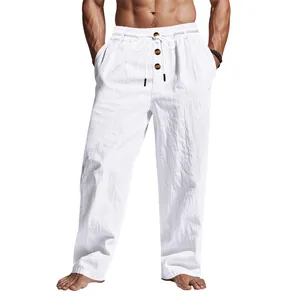 Pantaloni casual uomo in lino bianco, gamba dritta ampia con coulisse in vita e dettagli bottoni.