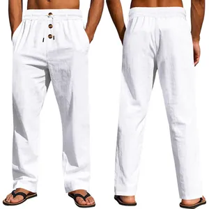 Vista dettagliata anteriore e posteriore dei pantaloni casual in lino bianco da uomo