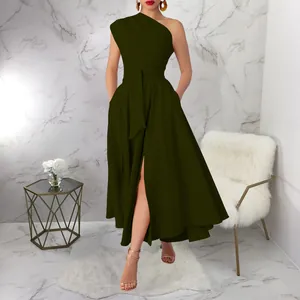 Elegant olive green one shoulder sleeveless maxi dress with waist tie and high slit