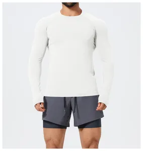 Front view of a white slim fit seamless long-sleeve athletic shirt for men's fitness.