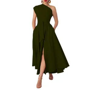 Elegant olive green one-shoulder belted maxi dress with high side slit for summer parties