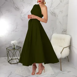 Elegant dark green one-shoulder sleeveless flared maxi dress with cinched waist detail