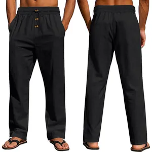 Vista dettagliata fronte e retro di pantaloni casual da uomo in lino nero con coulisse in vita