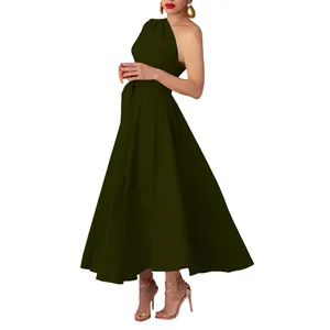 Elegant dark green one-shoulder sleeveless flared midi dress with waist tie detail