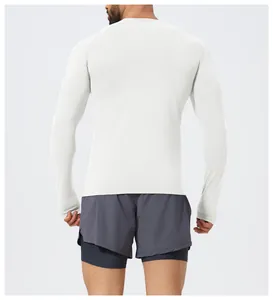 Back view showing the fit and texture of a white slim-fit seamless long-sleeve sports shirt
