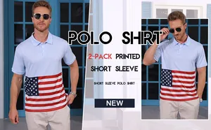 Détail du produit montrant un polo pour homme avec imprimé drapeau américain en tissu