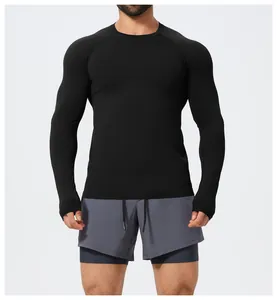 Close-up view of black seamless long-sleeved athletic compression shirt for fitness