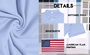 Détails d'un polo bleu pour homme en soie glacée à séchage rapide avec drapeau américain