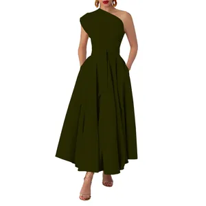 Detailed view of dark olive green sleeveless one-shoulder flared maxi dress on model
