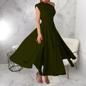 Elegant olive green one-shoulder sleeveless maxi dress with waist belt detail