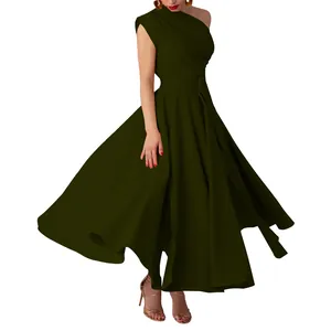 Close-up detail of an elegant dark green one-shoulder sleeveless maxi dress with tie waist.